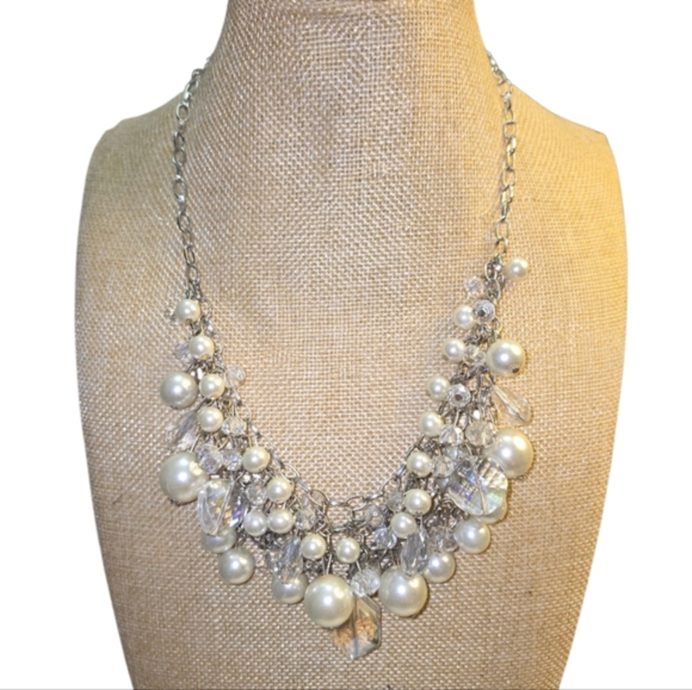 Treska Silver Faux Pearl and Iridescent Crystal Cluster Statement Bib Necklace